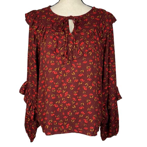 Sonoma Tops - Sonoma Medium Top Floral Ruffled Long Sleeve Tie Keyhole Neck Dark Rust Multi